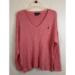 POLO RALPH LAUREN Pink Cable Knit Pullover V-Neck Sweater Women XL Pony Y2K Pima
